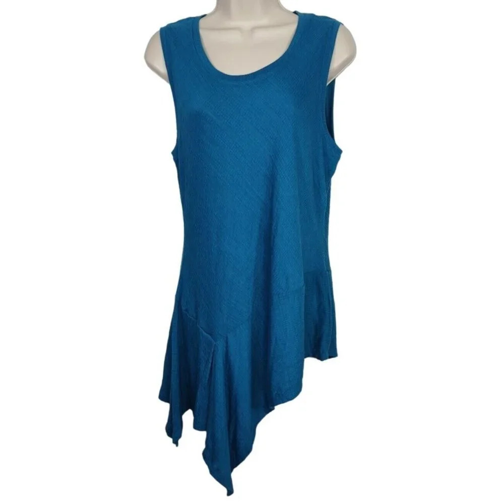 Melissa Paige Blue Texture Tank Tunic Top Women Size M Asymmetric Hem Sleeveless